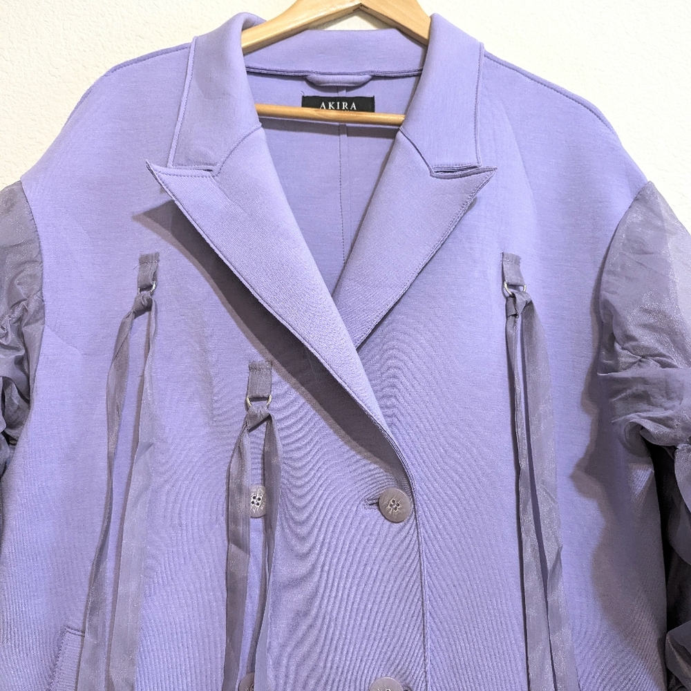 Akira Lotus Flower Bomb Ruched Sleeve Blazer Lilac Size Large. EUC - Picture 3 of 8